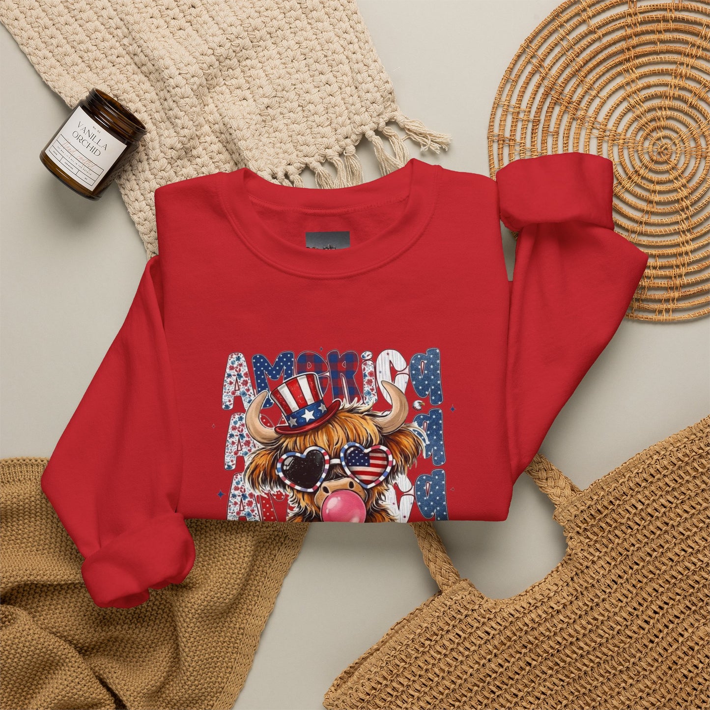 #250 American Flag Bubblegum Patriotic Highland Cow Sweatshirt