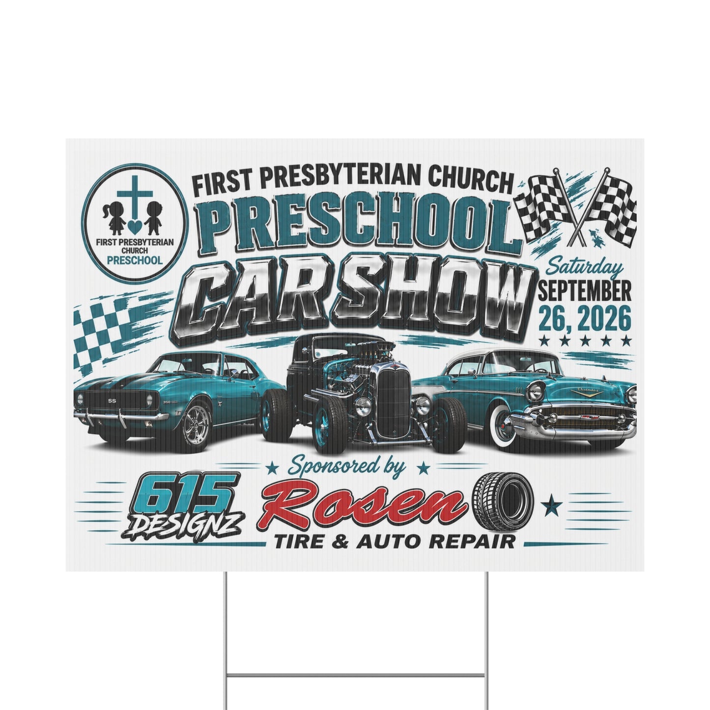 Plastic Yard Sign — Preschool Car Show Fundraiser Sign (First Presbyterian Church, Sept 26, 2026)