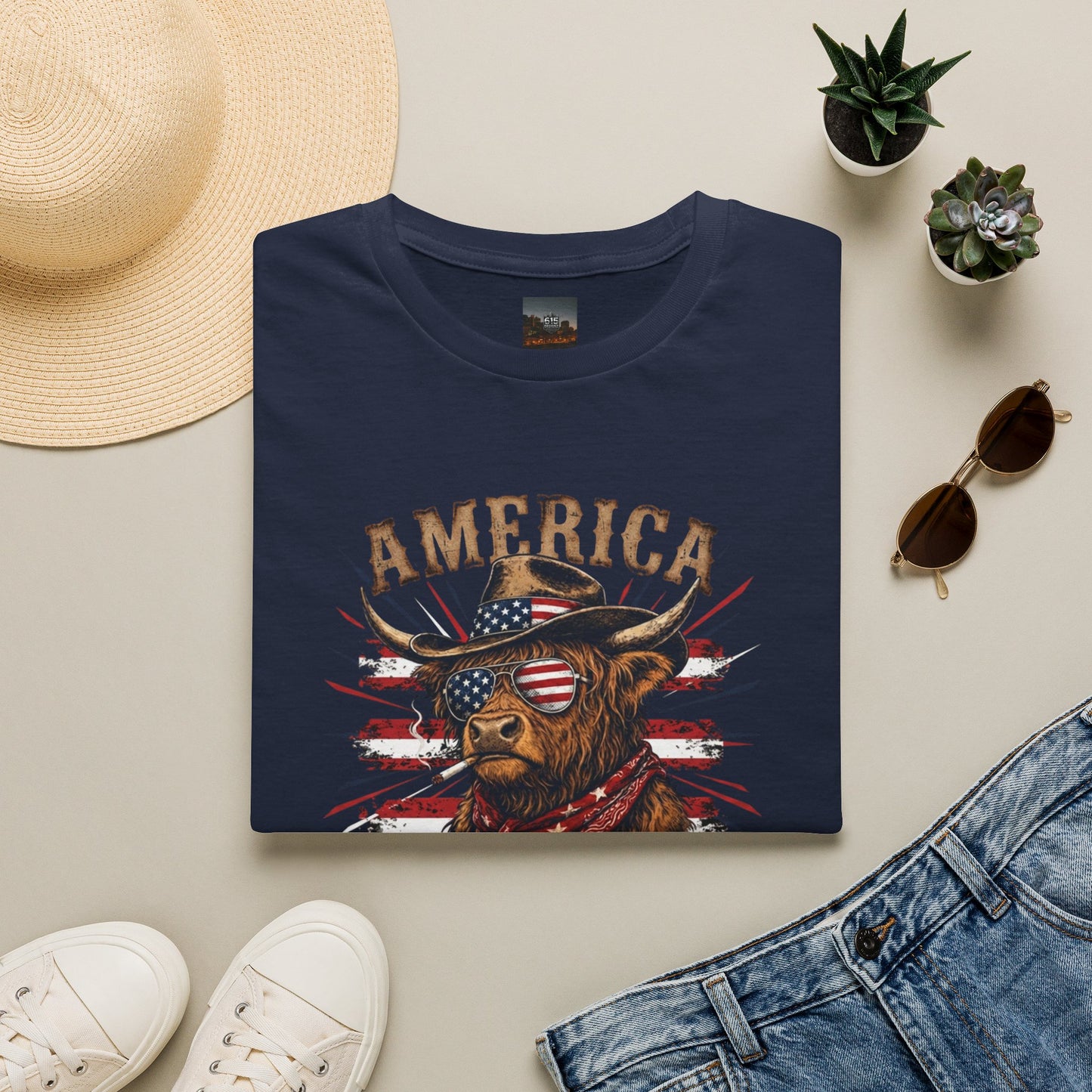 #250 America 250 Strong Patriotic Bull with American Flag T-Shirt
