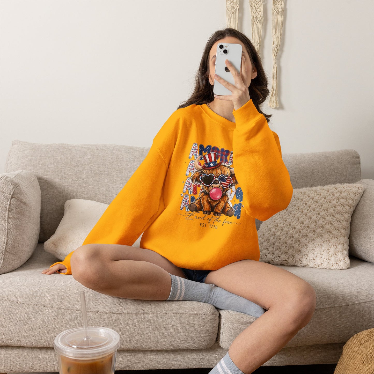 #250 American Flag Bubblegum Patriotic Highland Cow Sweatshirt