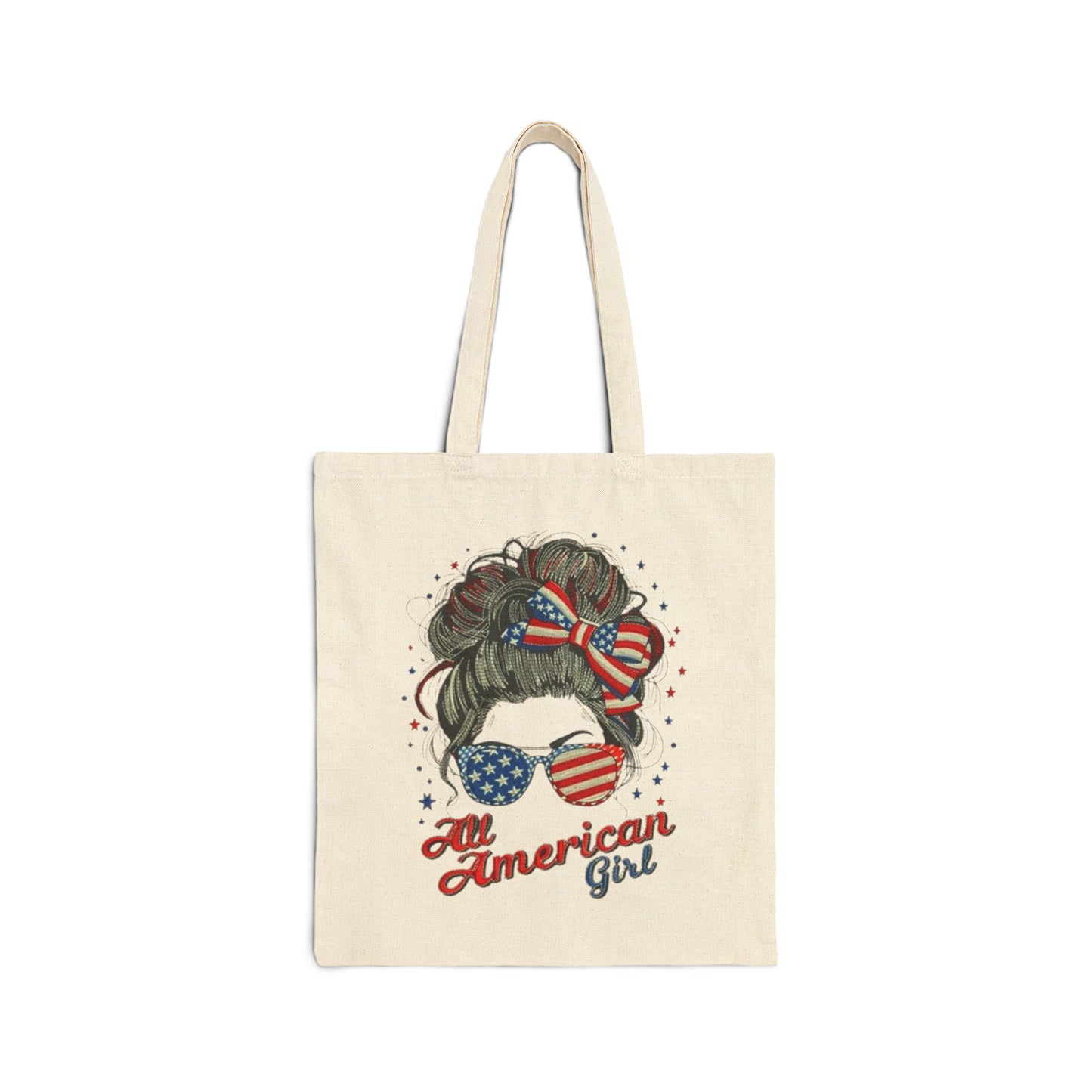 #250 "All American Girl" Patriotic Messy Bun Canvas Tote Bag