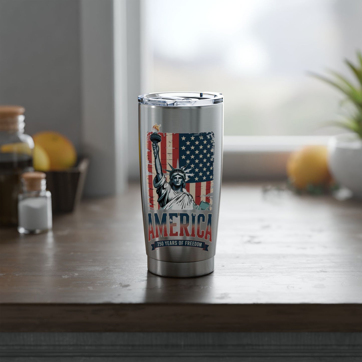 #250 Statue of Liberty American Flag 'America' Patriotic Independence Day Vagabond 20oz Tumbler Stainless Travel Cup