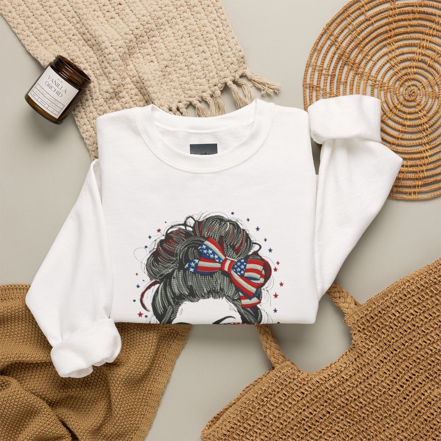 #250 "All American Girl" Patriotic Messy Bun Sweatshirt