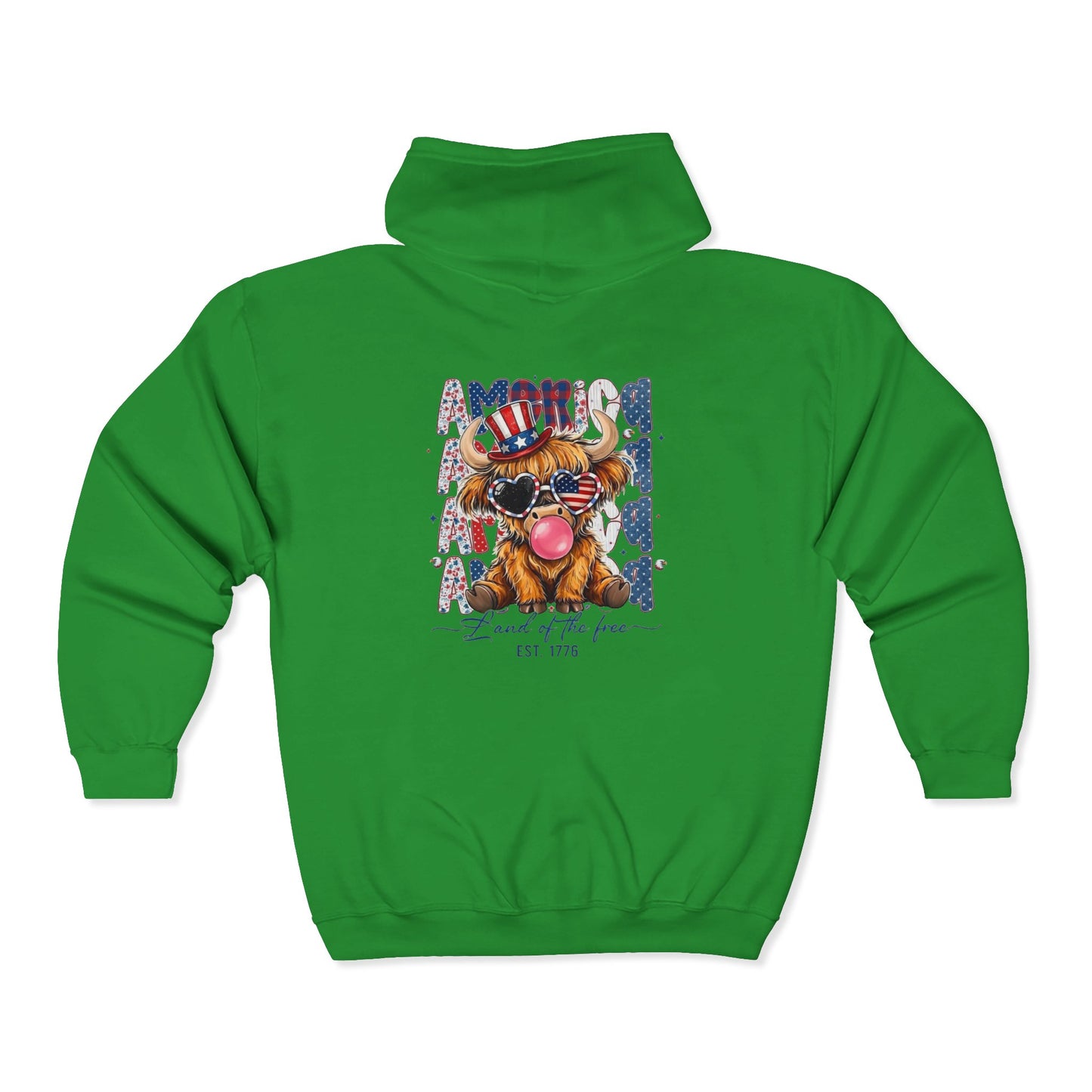 #250 American Flag Bubblegum Patriotic Highland Cow Zip Hoodie