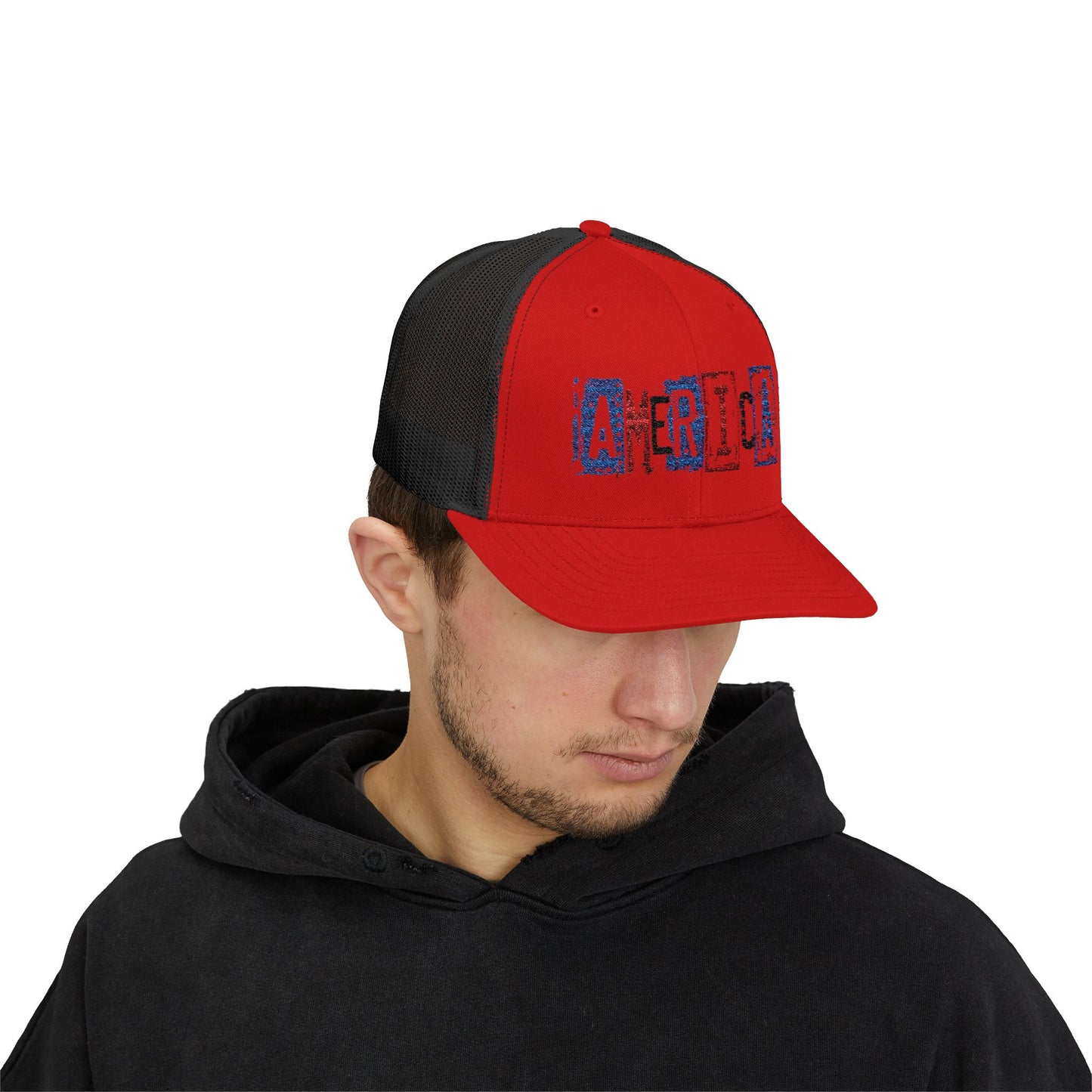 #250 America Retro Block Text Patriotic Snapback Trucker Cap