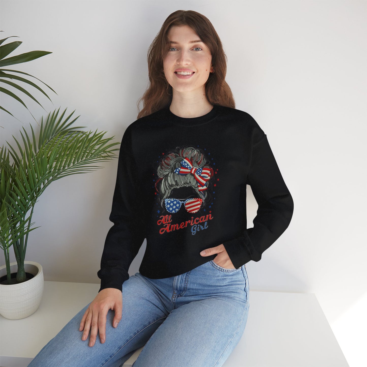 #250 "All American Girl" Patriotic Messy Bun Sweatshirt
