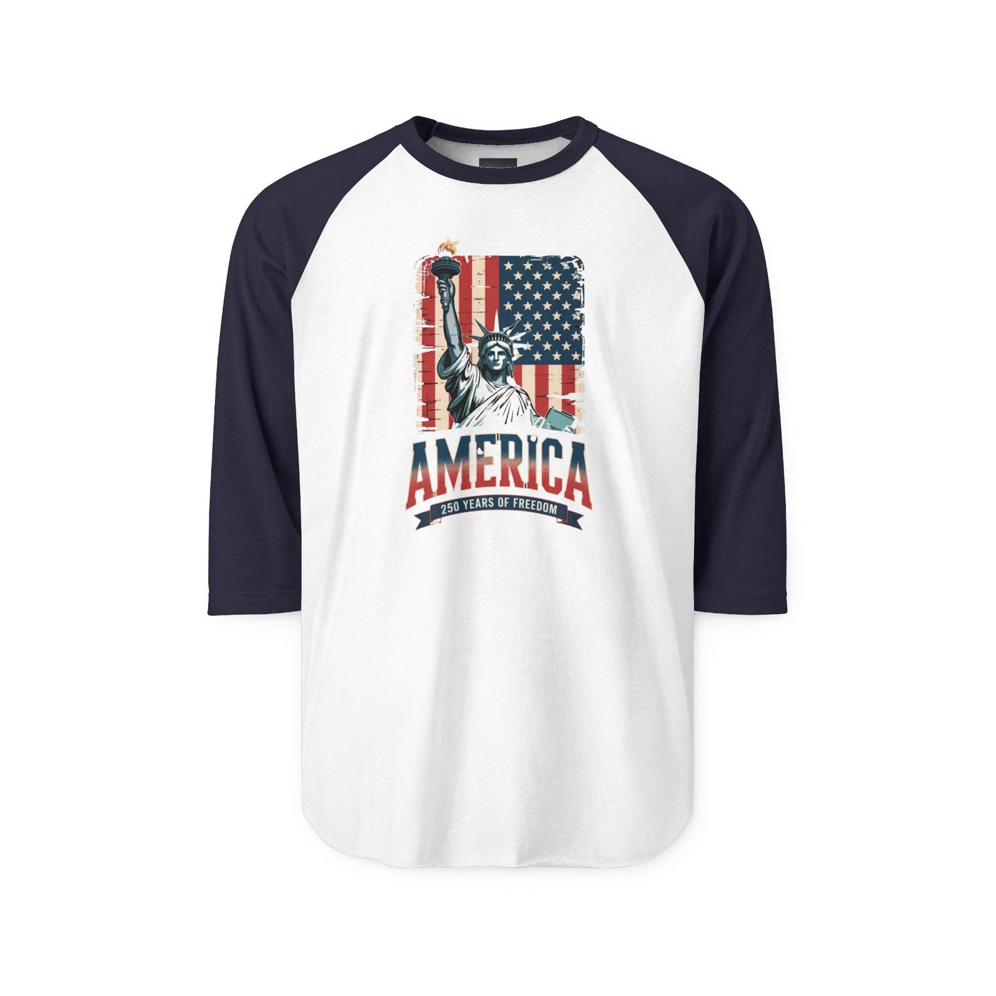#250 Statue of Liberty American Flag 'America' Patriotic Independence Day Raglan Shirt Baseball Tee