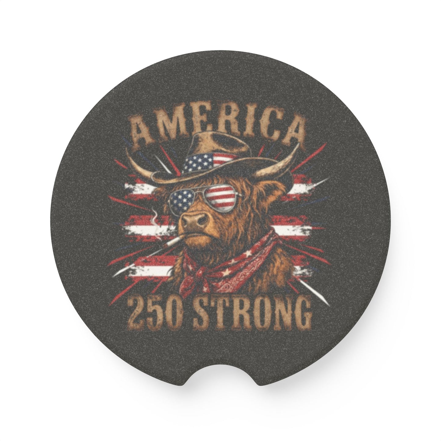 #250 America 250 Strong Patriotic Bull with American Flag Soapstone Car Coaster – Patriotic Independence Day Car Mug Holder