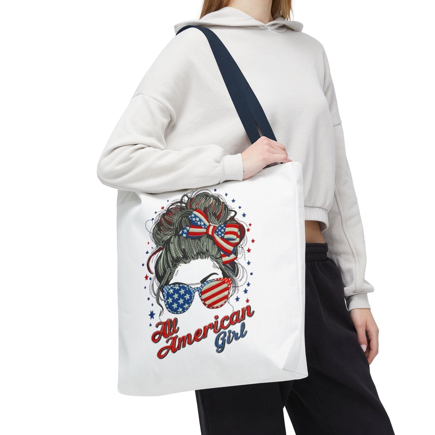 #250 "All American Girl" Patriotic Messy Bun Tote Bag