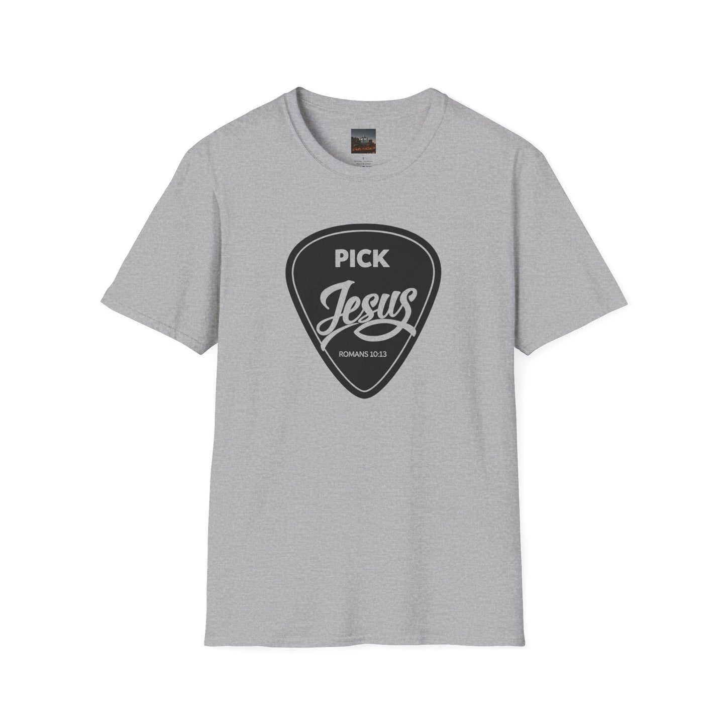 Pick Jesus T-Shirt — Christian Guitar Pick Design (Romans 10:13)