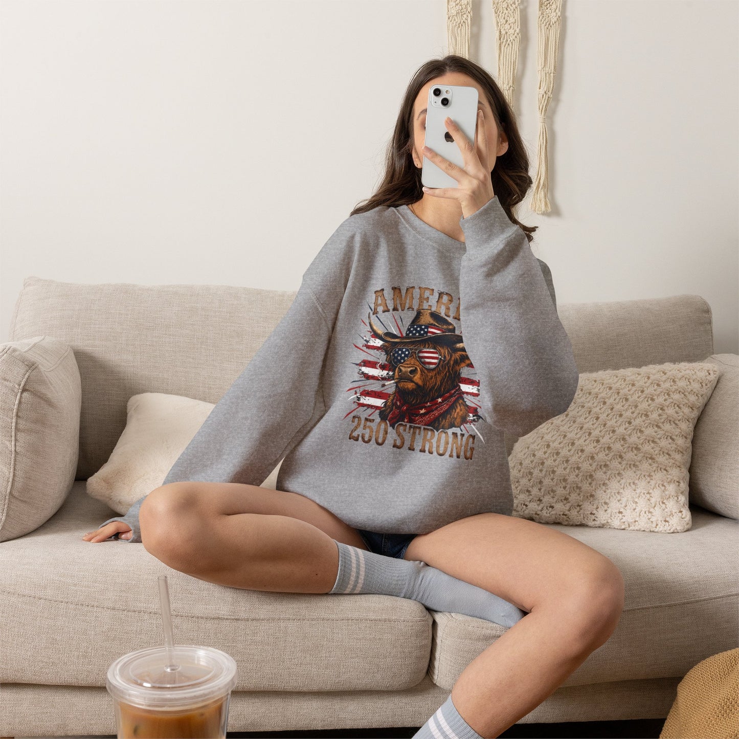 #250 America 250 Strong Patriotic Bull with American Flag Sweatshirt