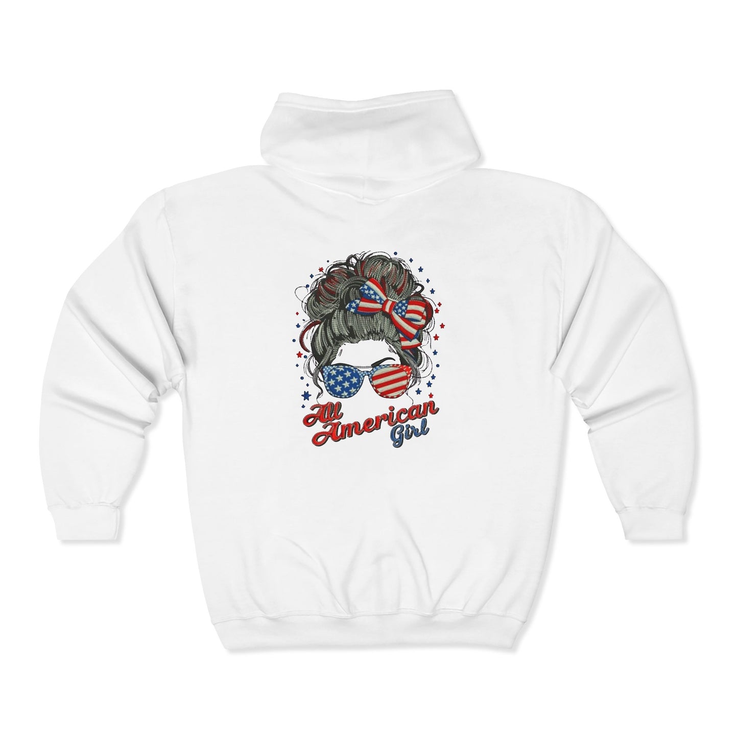 #250 "All American Girl" Patriotic Messy Bun Zip Hoodie