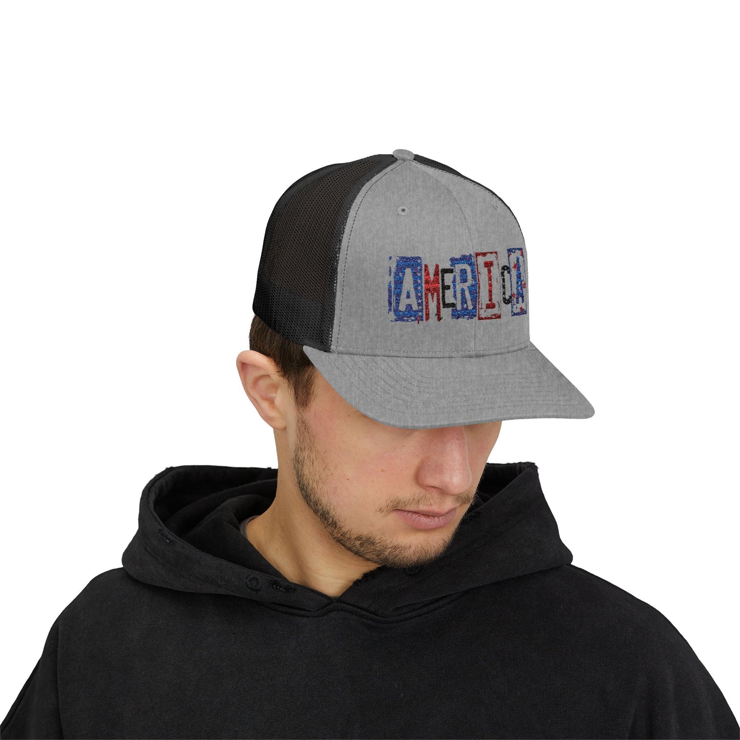 #250 America Retro Block Text Patriotic Snapback Trucker Cap