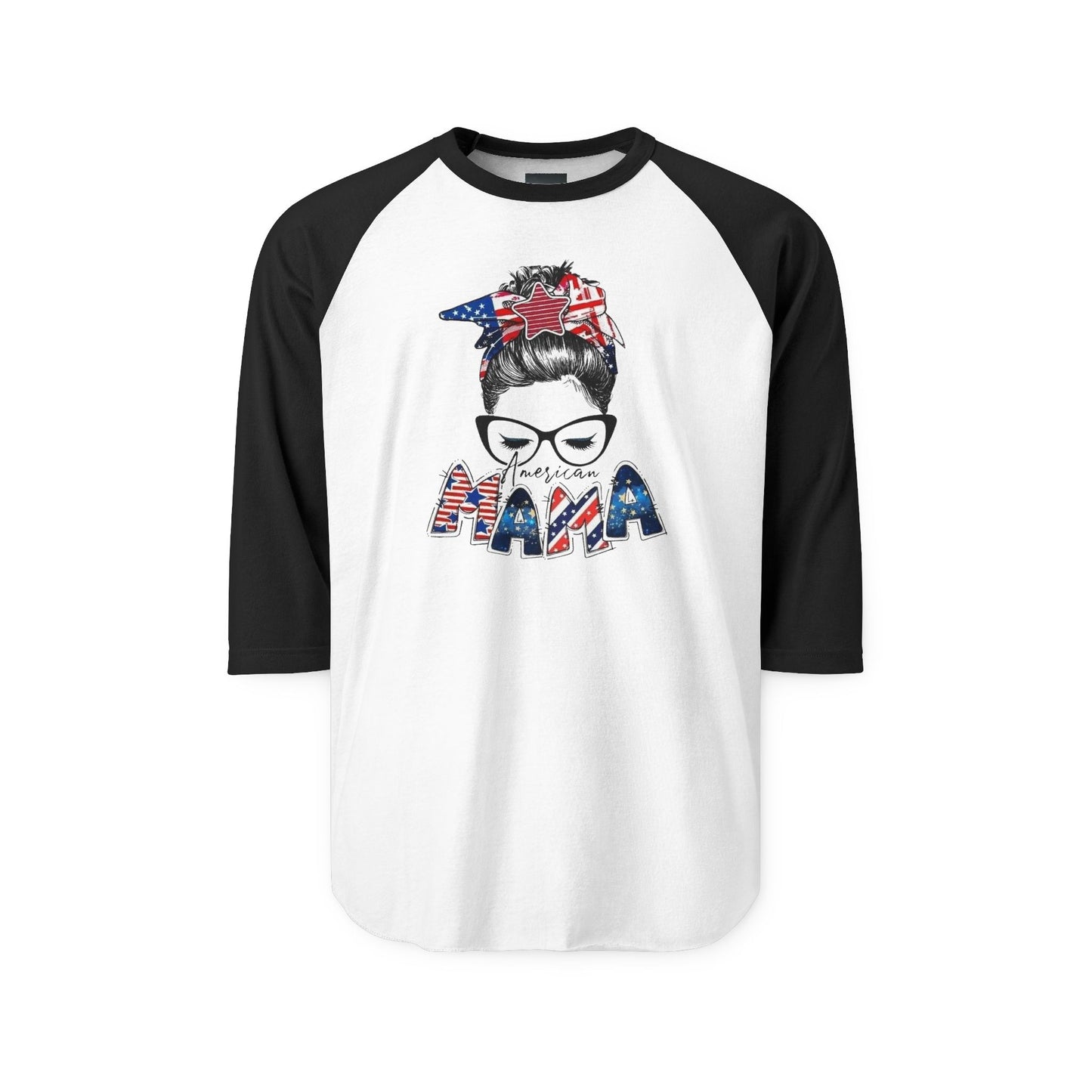 #250 Mama USA Flag Messy Bun Raglan 3/4 Sleeve Baseball Tee
