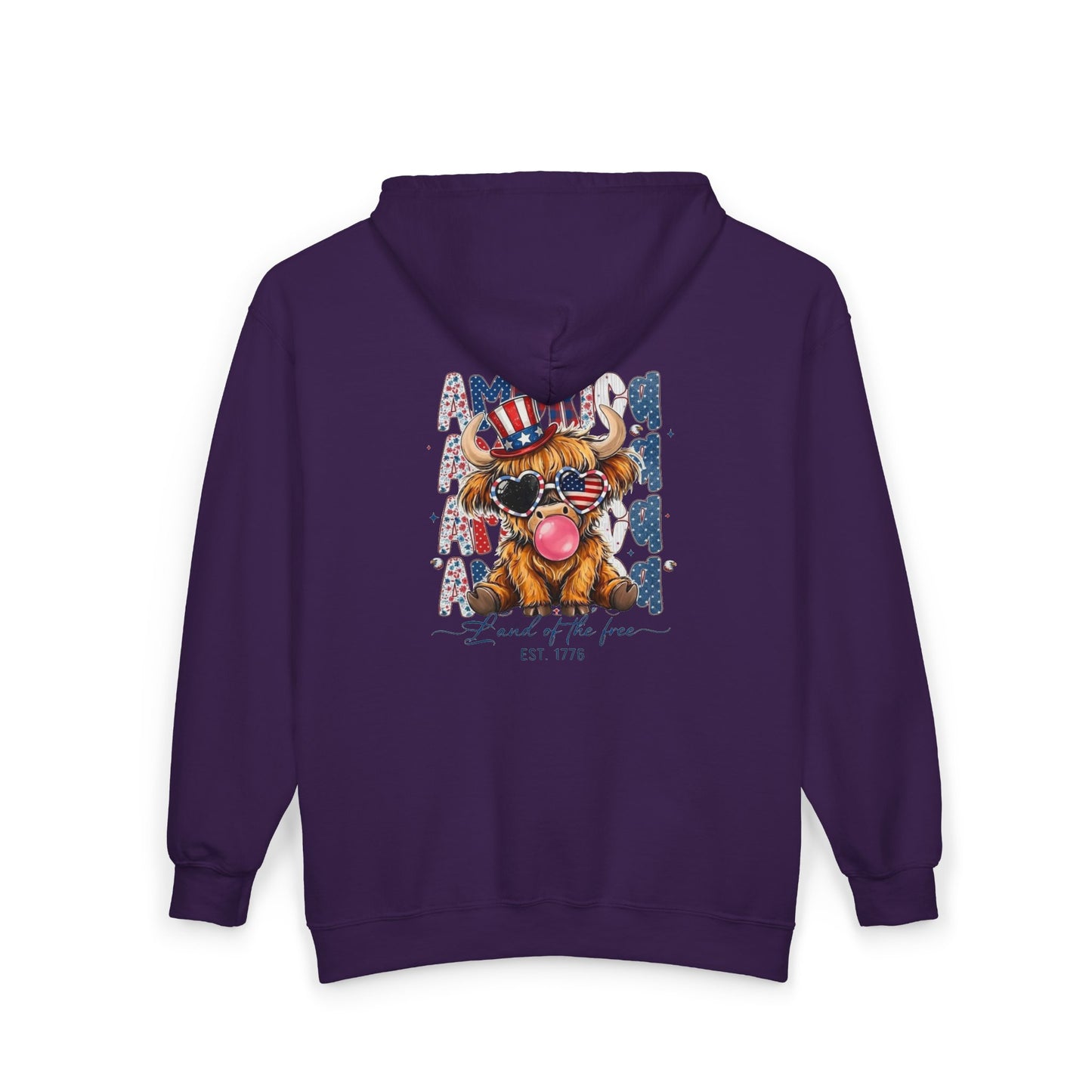 #250 American Flag Bubblegum Patriotic Highland Cow Zip Hoodie