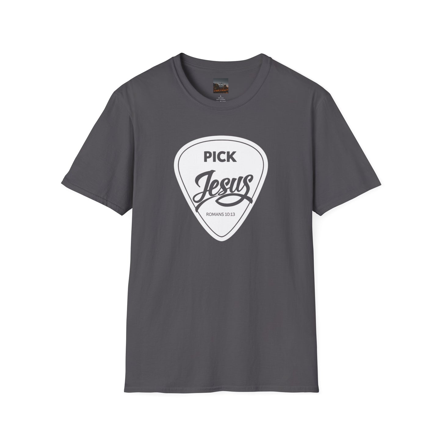 Pick Jesus T-Shirt — Christian Guitar Pick Design (Romans 10:13)