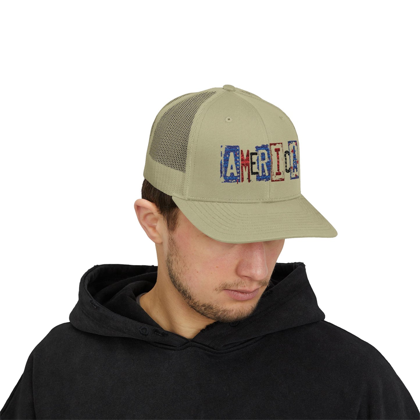 #250 America Retro Block Text Patriotic Snapback Trucker Cap