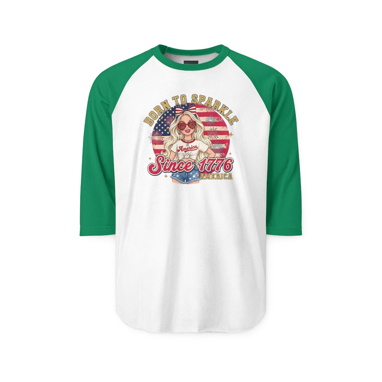 #250 "Born to Sparkle Since 1776" Patriotic Raglan 3/4 Sleeve Baseball Tee