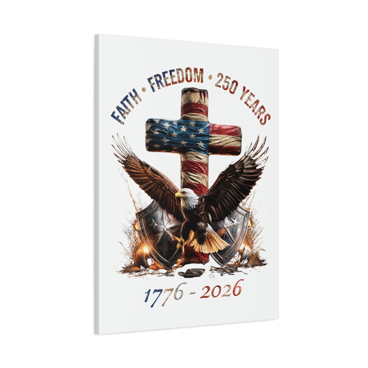 #250 Faith • Freedom 250 Years American Flag Cross & Eagle 1776-2026 Matte Canvas Wall Art