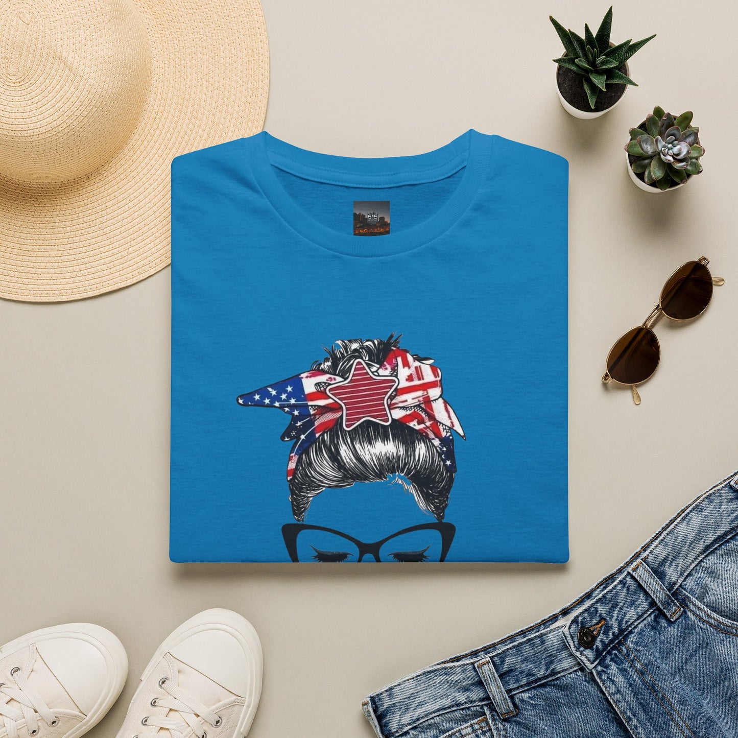 Mama USA Flag Messy Bun T-Shirt