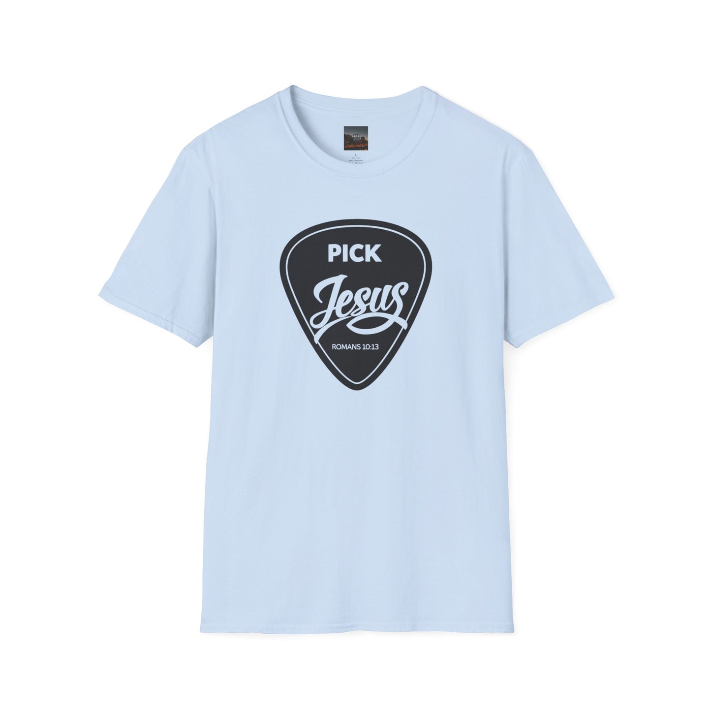 Pick Jesus T-Shirt — Christian Guitar Pick Design (Romans 10:13)