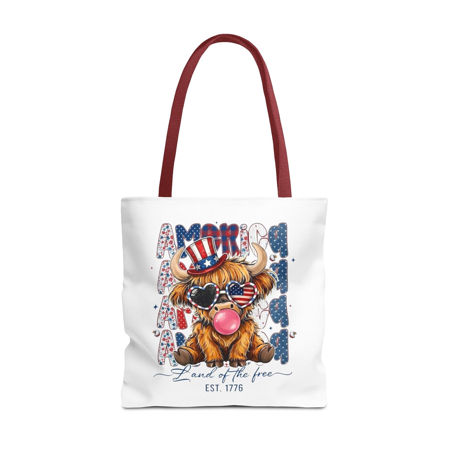 #250 American Flag Bubblegum Patriotic Highland Cow Tote Bag