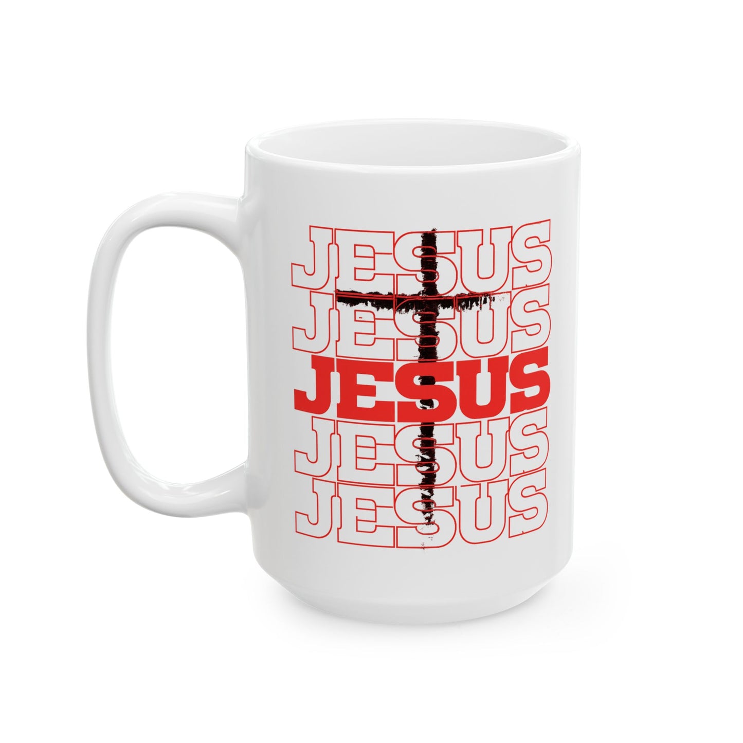 Jesus Cross Red Text Black Cross Graphic Ceramic Mug — Faith Coffee Cup (11oz & 15oz)