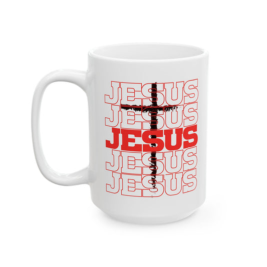Jesus Cross Red Text Black Cross Graphic Ceramic Mug — Faith Coffee Cup (11oz & 15oz)
