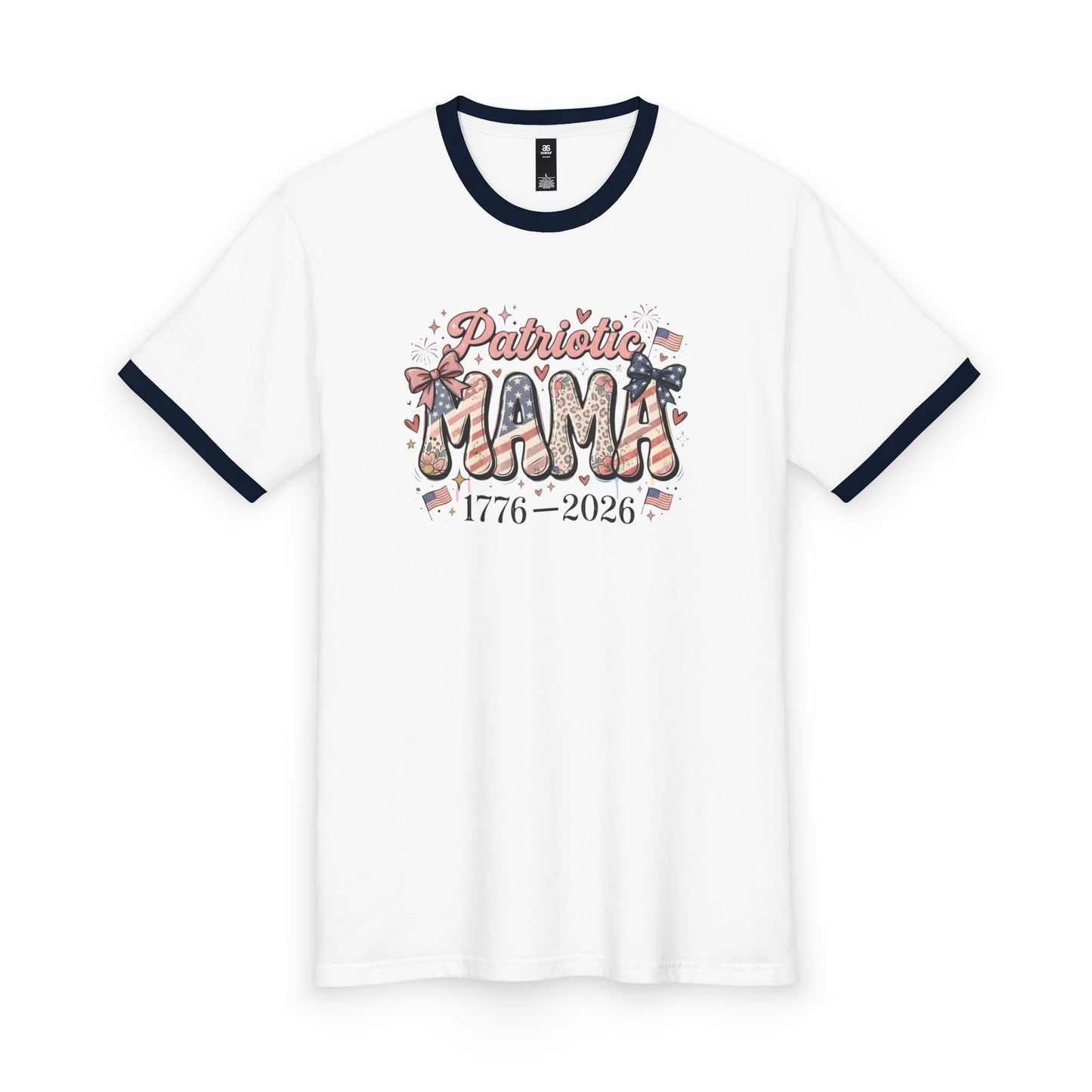 #250 Patriotic Mama 1776–2026 American Flag Ringer Tee