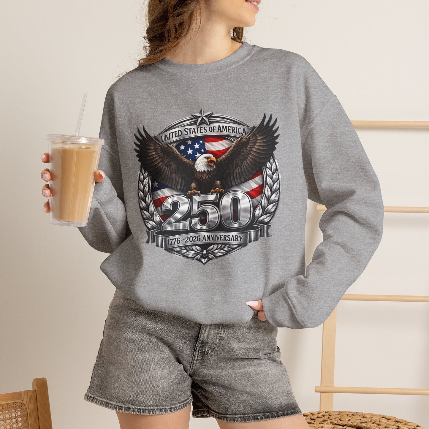 #250 Patriotic Bald Eagle 250 United States Emblem Crewneck Sweatshirt