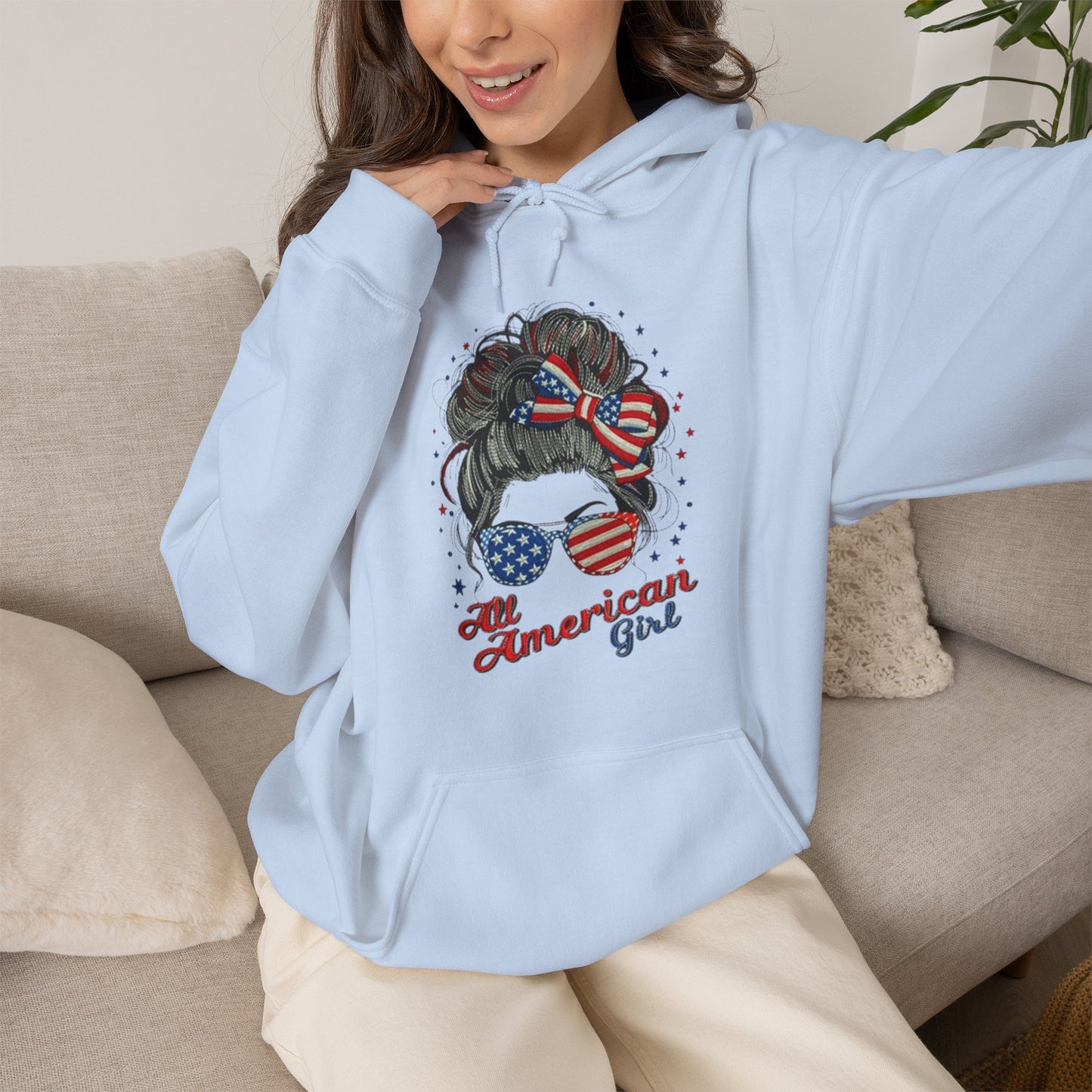 #250 "All American Girl" Patriotic Messy Bun Hoodie