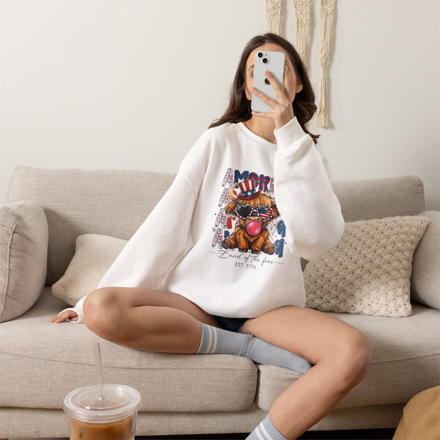 #250 American Flag Bubblegum Patriotic Highland Cow Sweatshirt