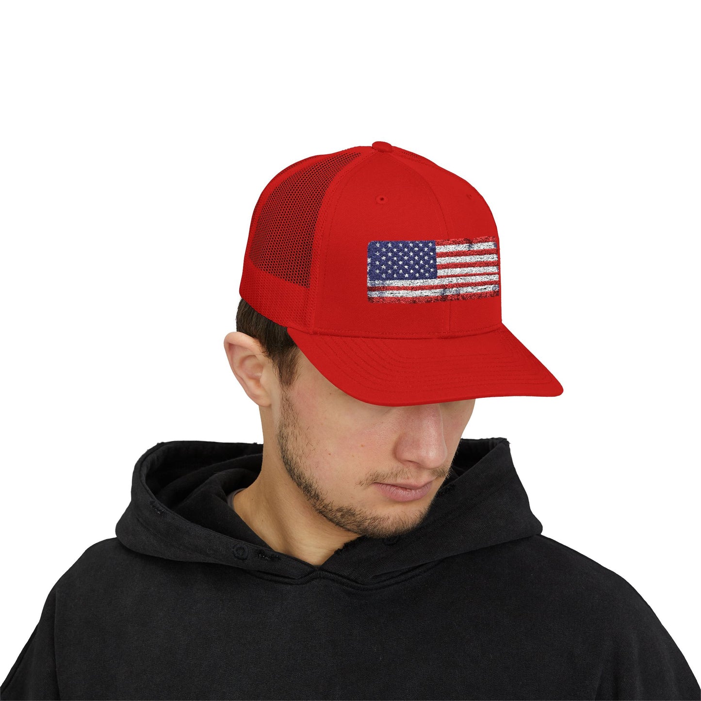 #250 Distressed American Flag Snapback Trucker Cap