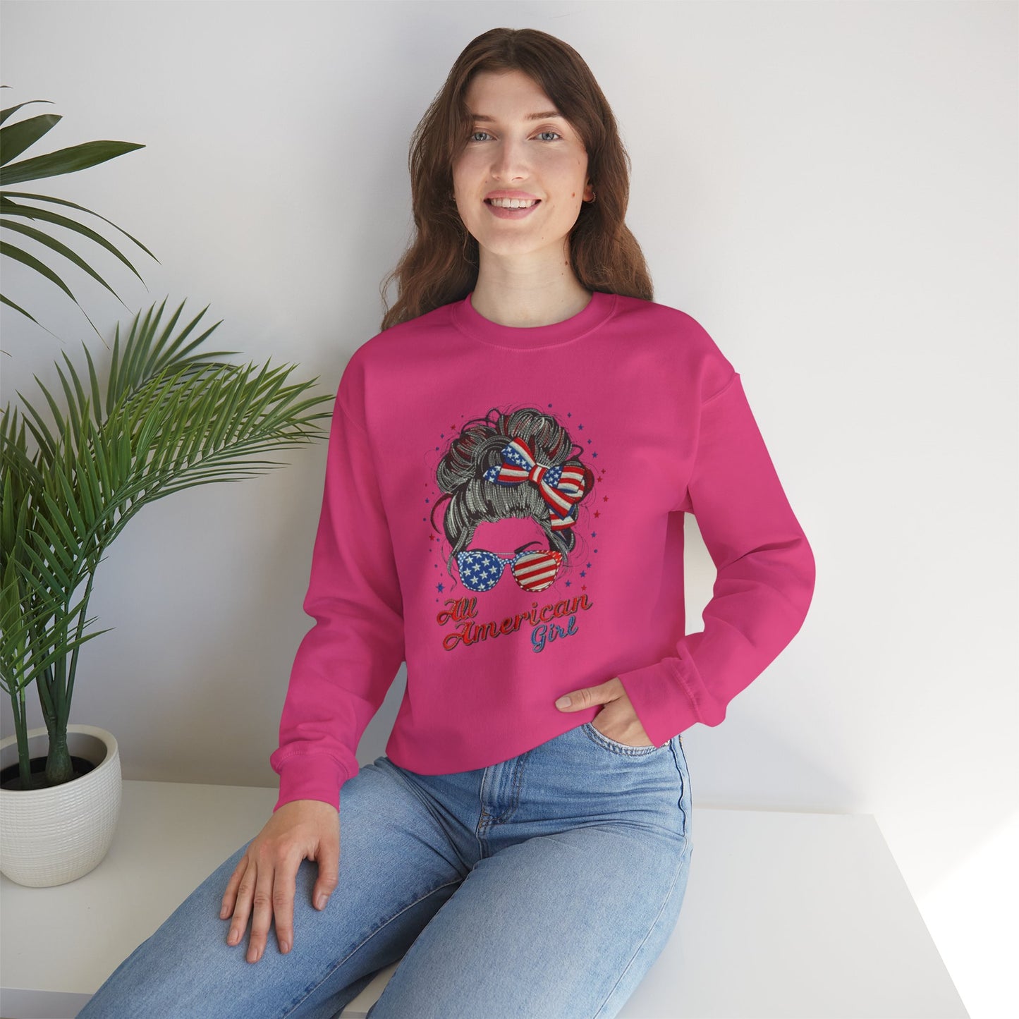 #250 "All American Girl" Patriotic Messy Bun Sweatshirt
