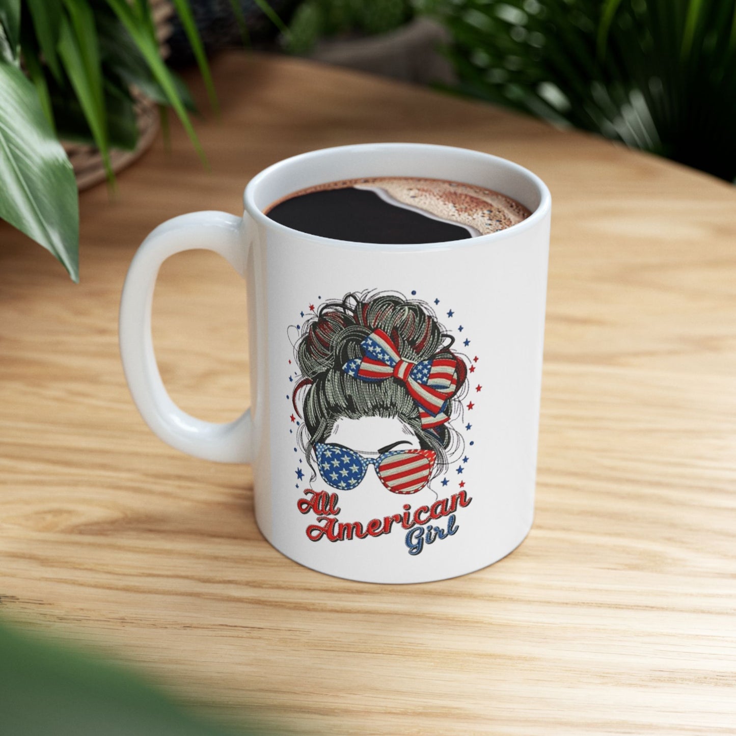 #250 "All American Girl" Patriotic Messy Bun Ceramic Mug - 11oz & 15oz