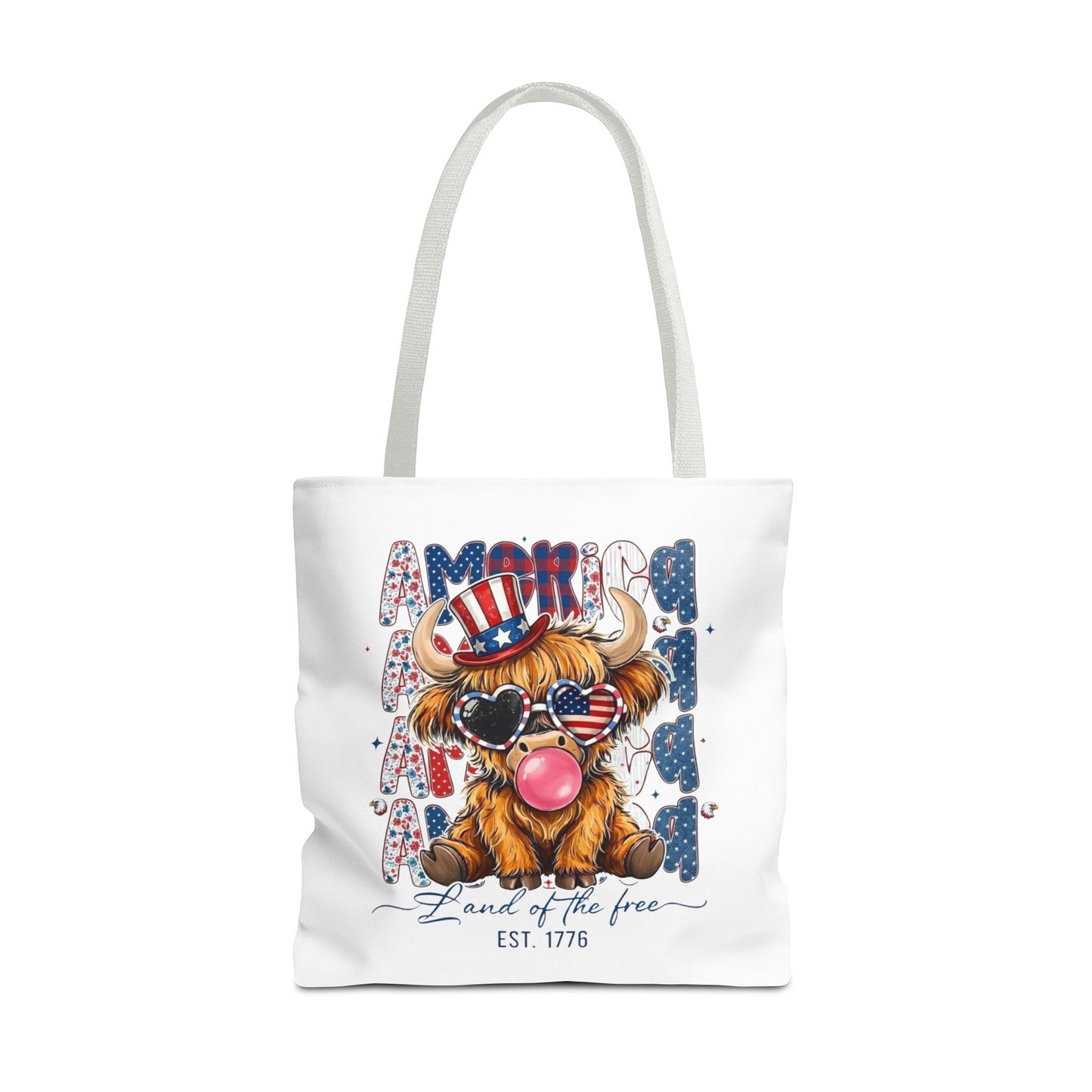 #250 American Flag Bubblegum Patriotic Highland Cow Tote Bag