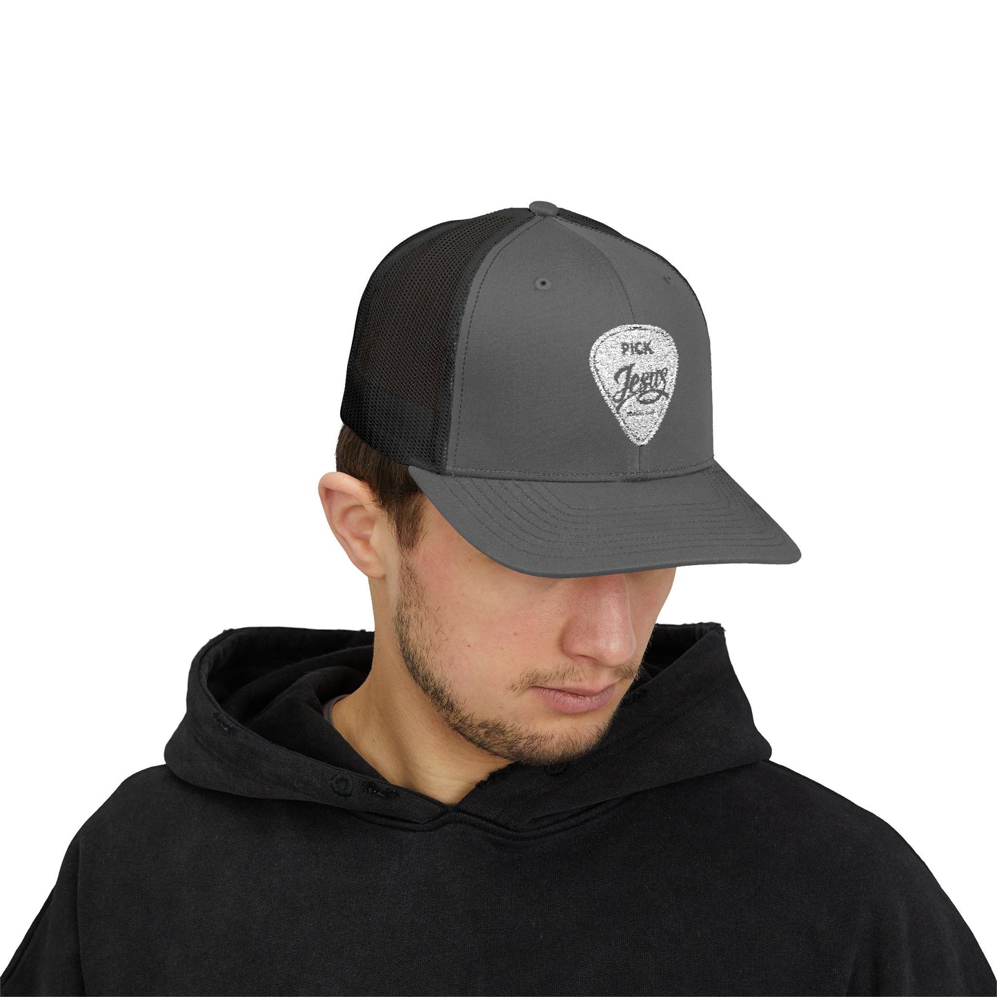Pick Jesus Guitar Pick Snapback Trucker Cap Christian Guitar Pick Design (Romans 10:13)