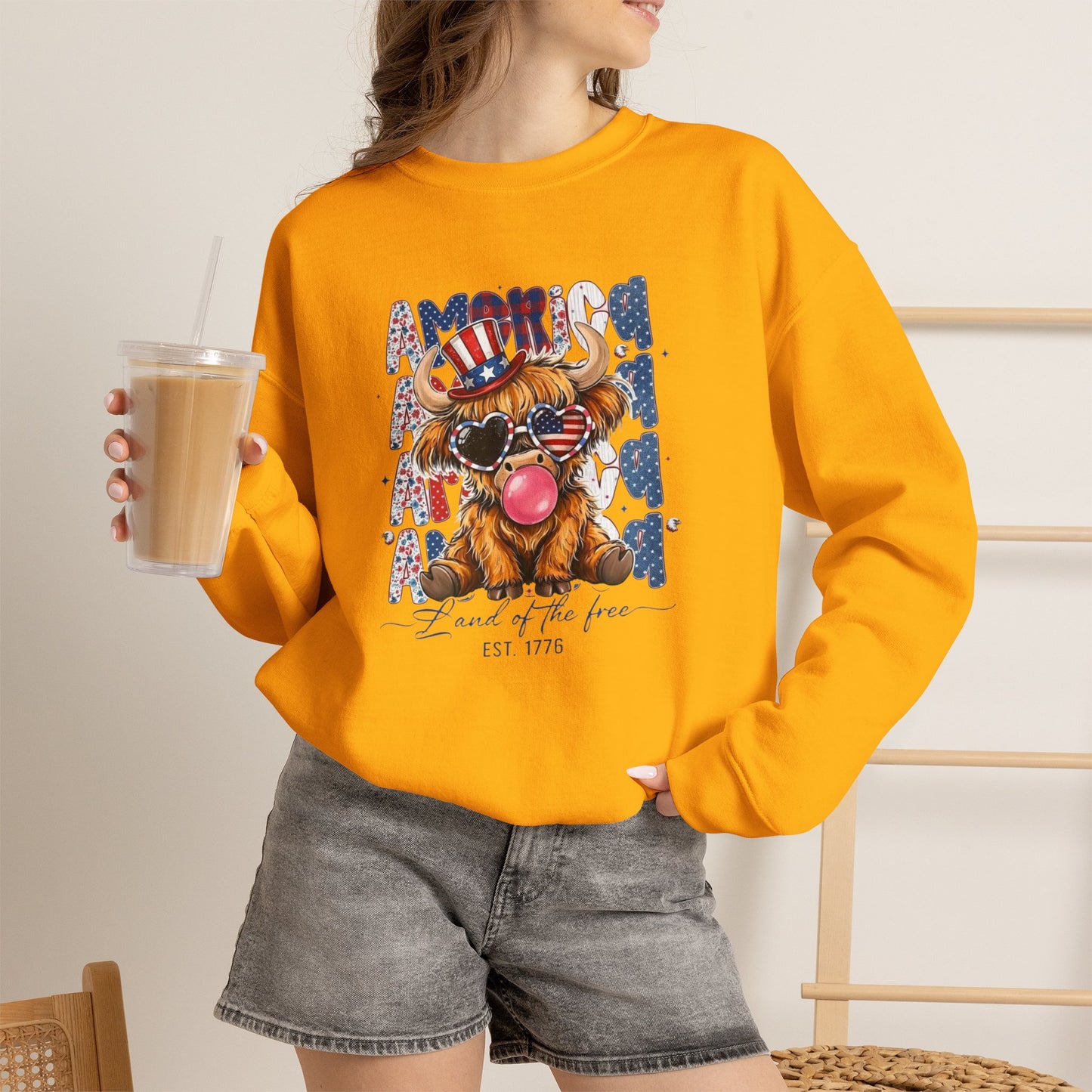 #250 American Flag Bubblegum Patriotic Highland Cow Sweatshirt