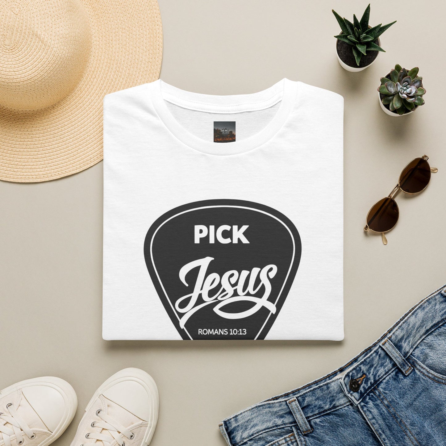 Pick Jesus T-Shirt — Christian Guitar Pick Design (Romans 10:13)