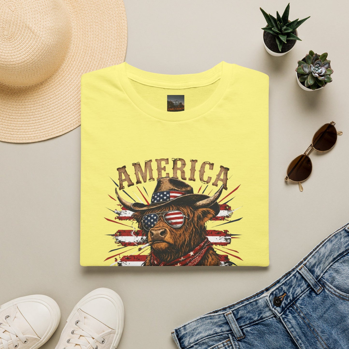 #250 America 250 Strong Patriotic Bull with American Flag T-Shirt