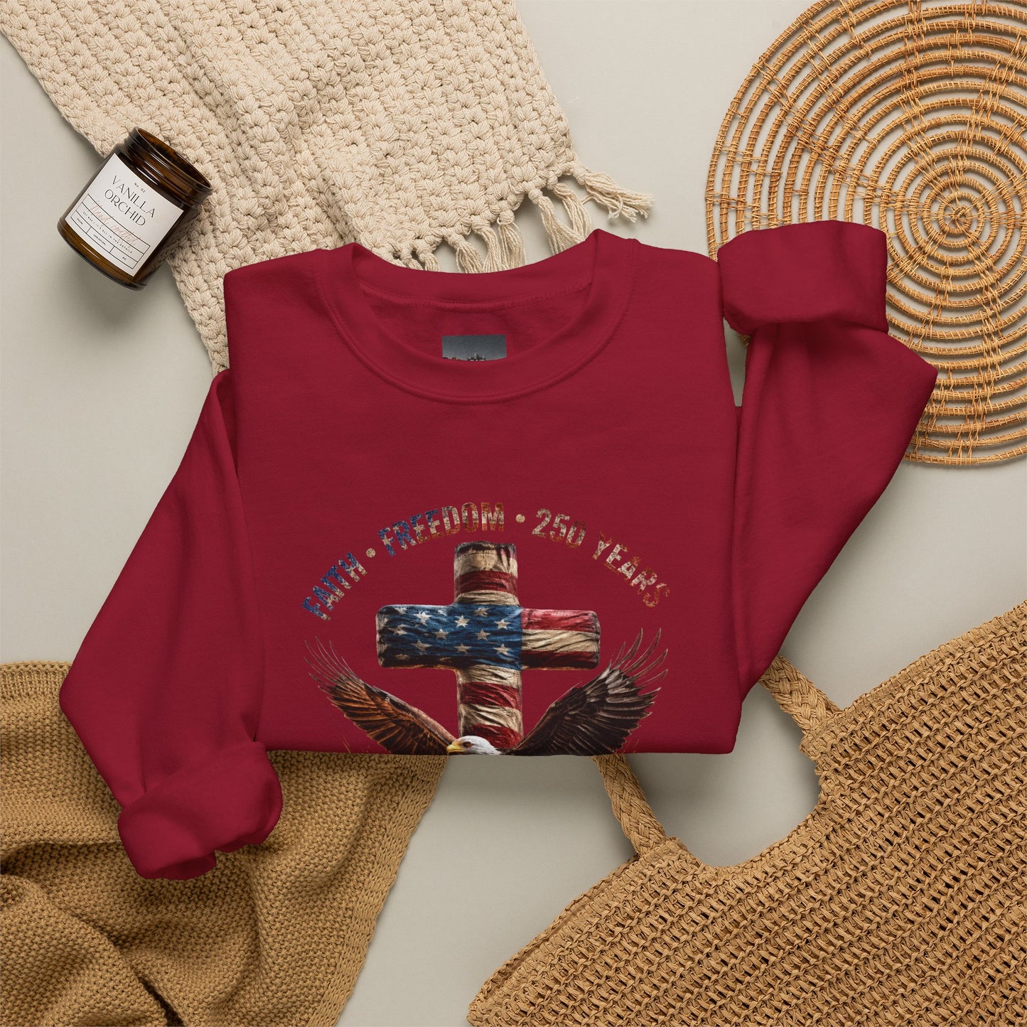 #250 Faith • Freedom 250 Years American Flag Cross & Eagle 1776-2026 Crewneck Sweatshirt