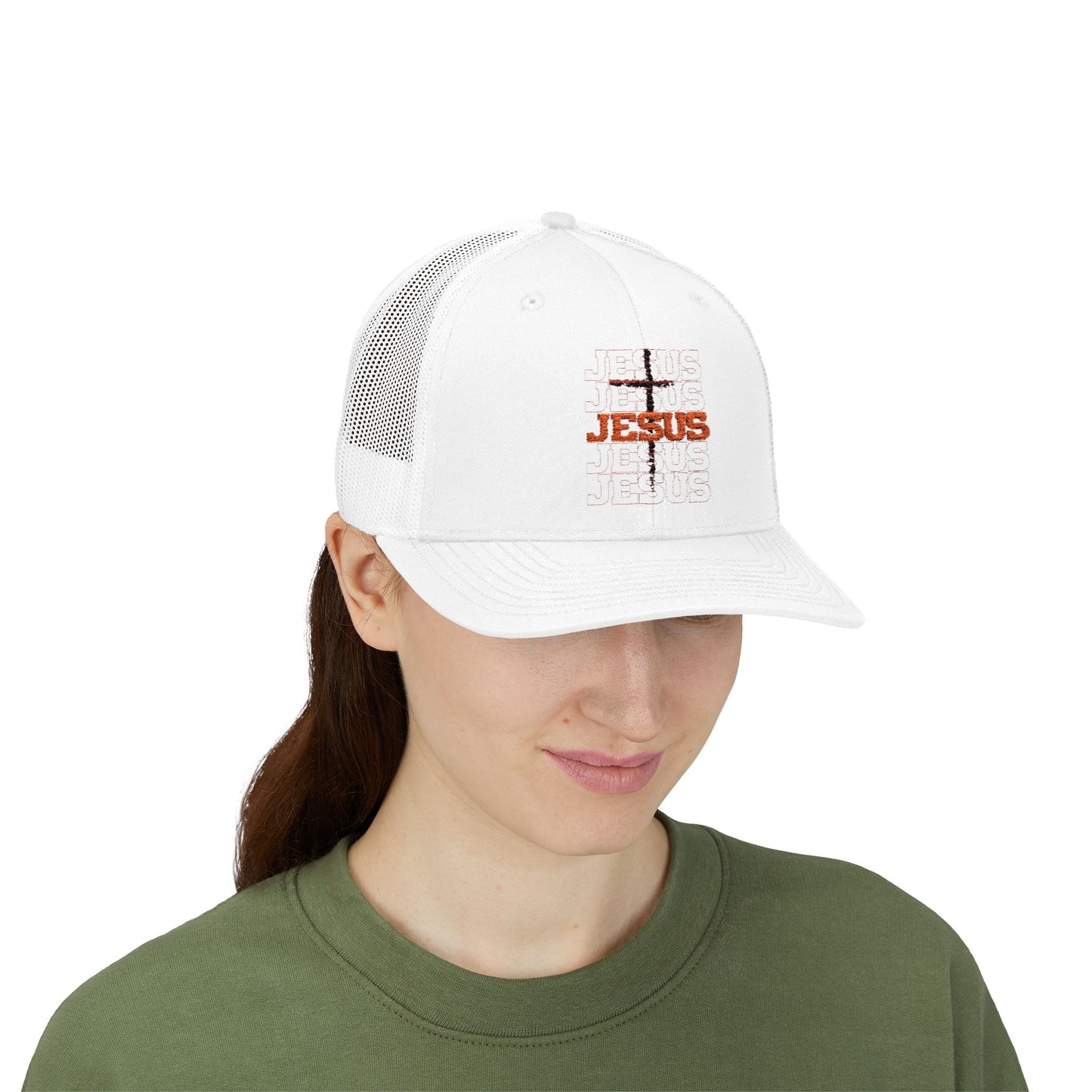 Jesus Cross Red Text Black Cross Graphic Trucker Cap — Faith-Based Snapback Hat