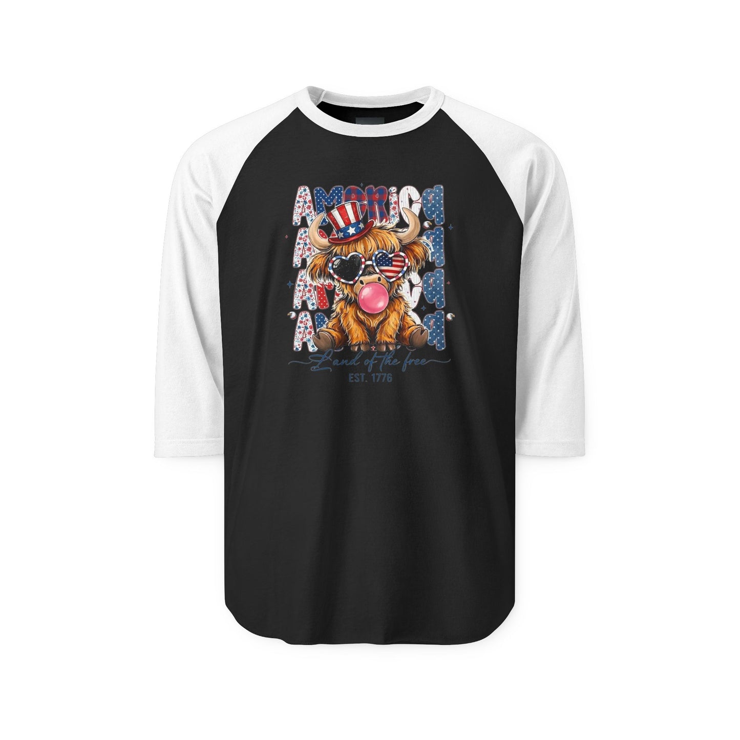 #250 American Flag Bubblegum Patriotic Highland Cow Raglan 3/4 Sleeve Baseball Tee