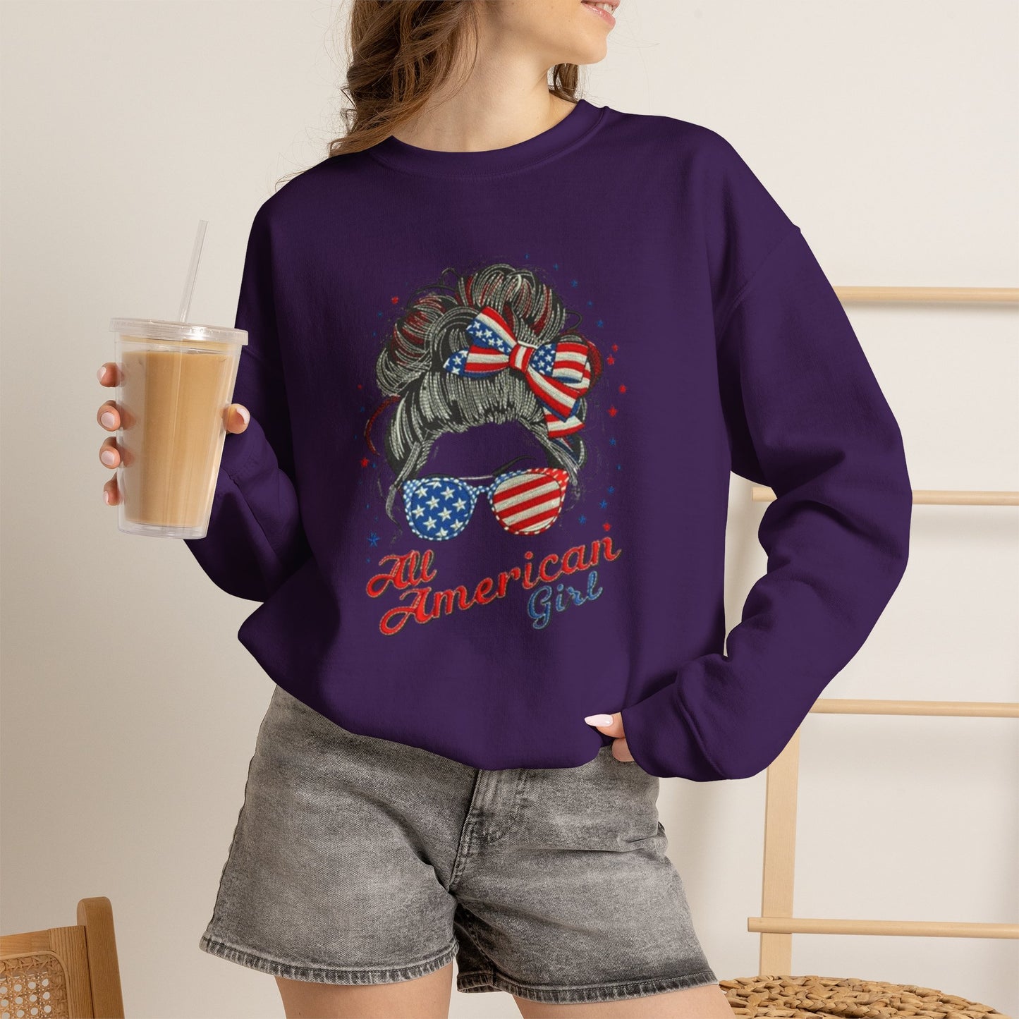 #250 "All American Girl" Patriotic Messy Bun Sweatshirt