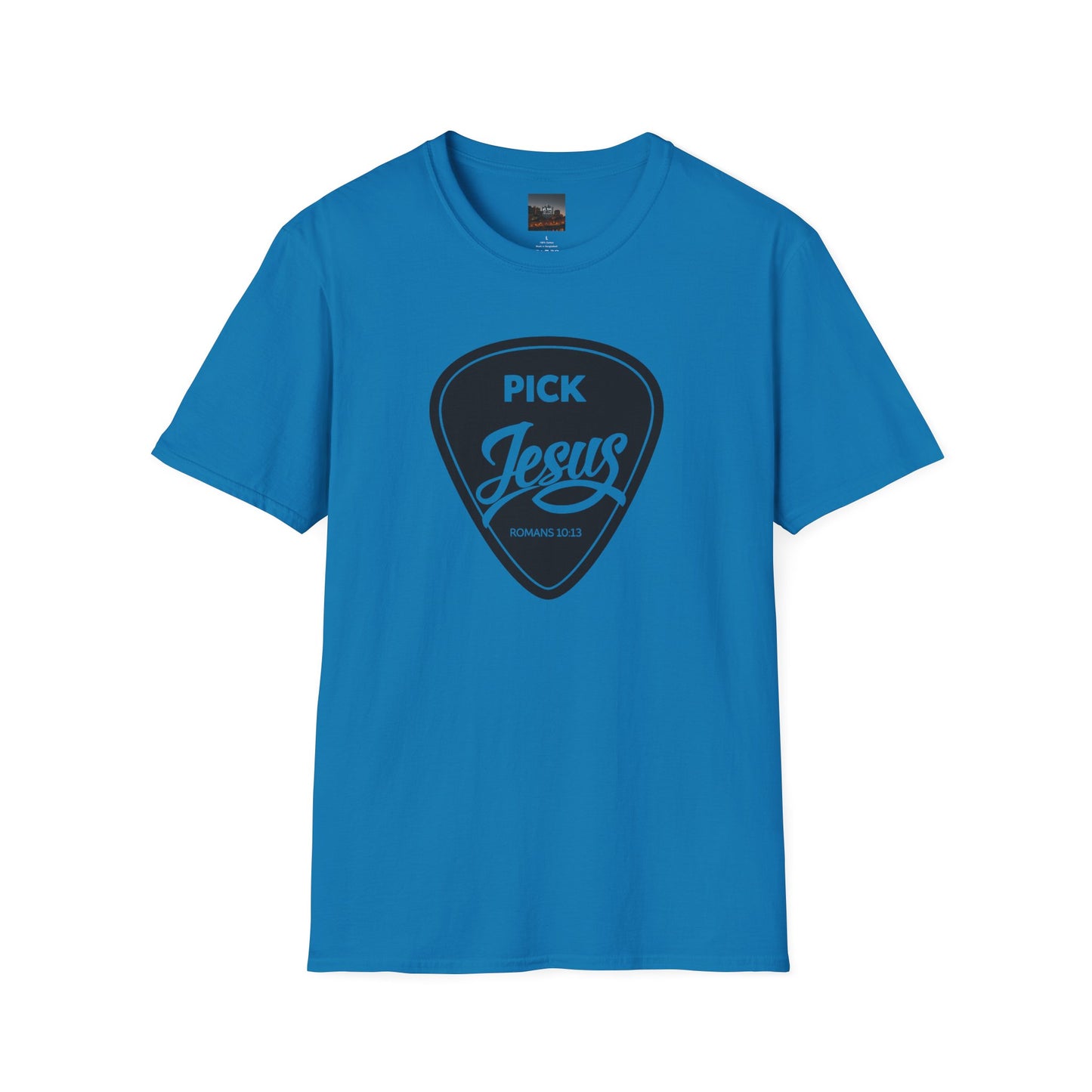 Pick Jesus T-Shirt — Christian Guitar Pick Design (Romans 10:13)