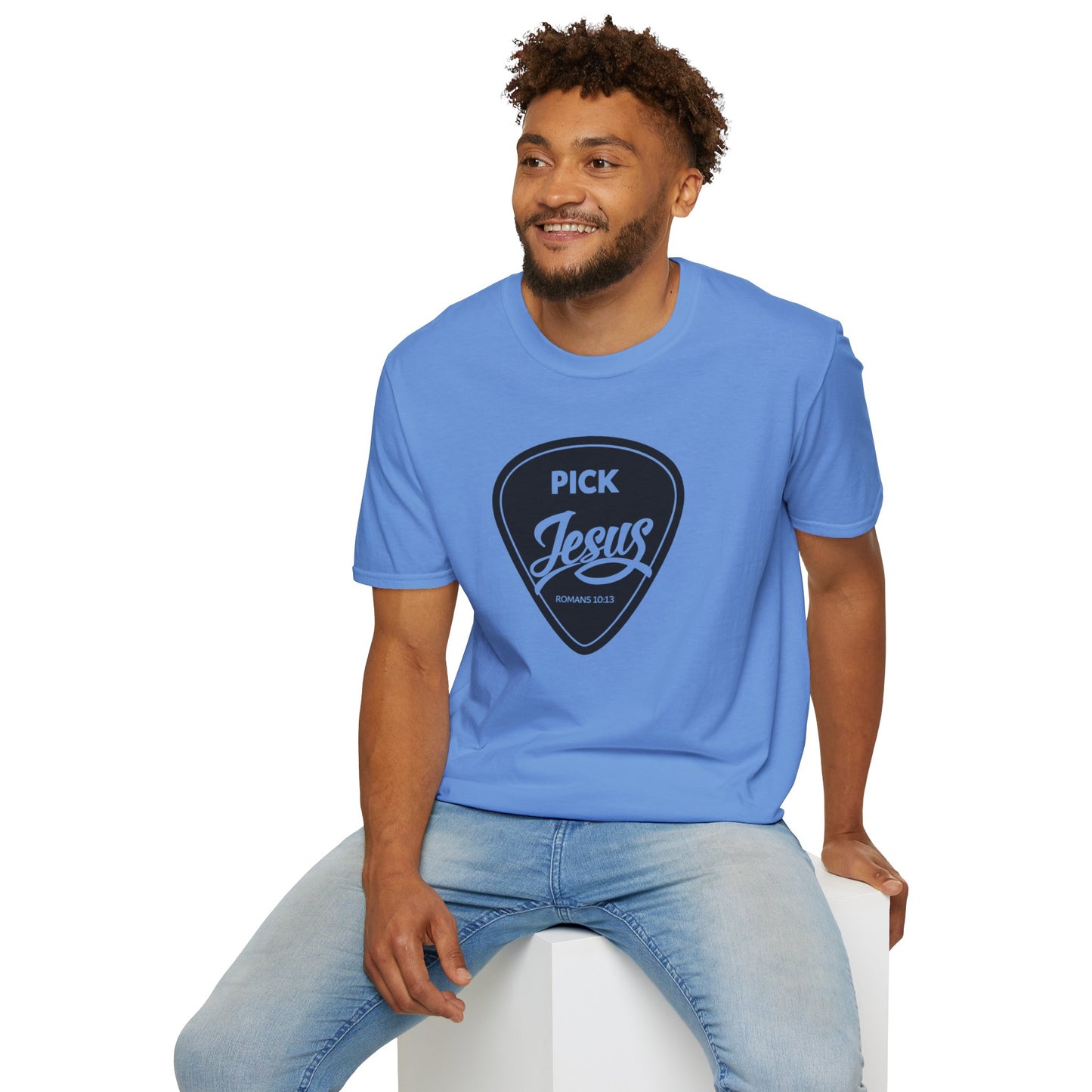 Pick Jesus T-Shirt — Christian Guitar Pick Design (Romans 10:13)