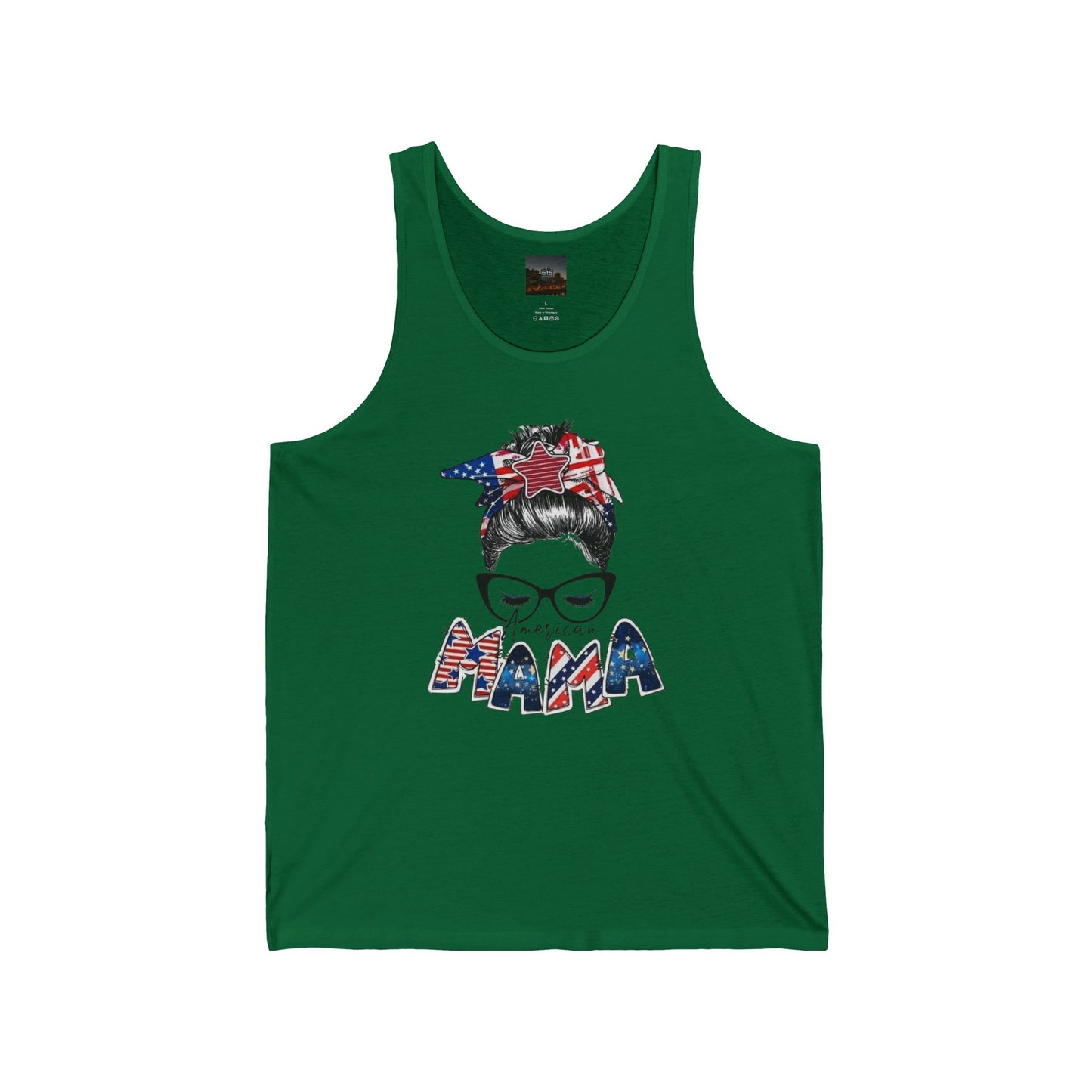 #250 Mama USA Flag Messy Bun Tank Top