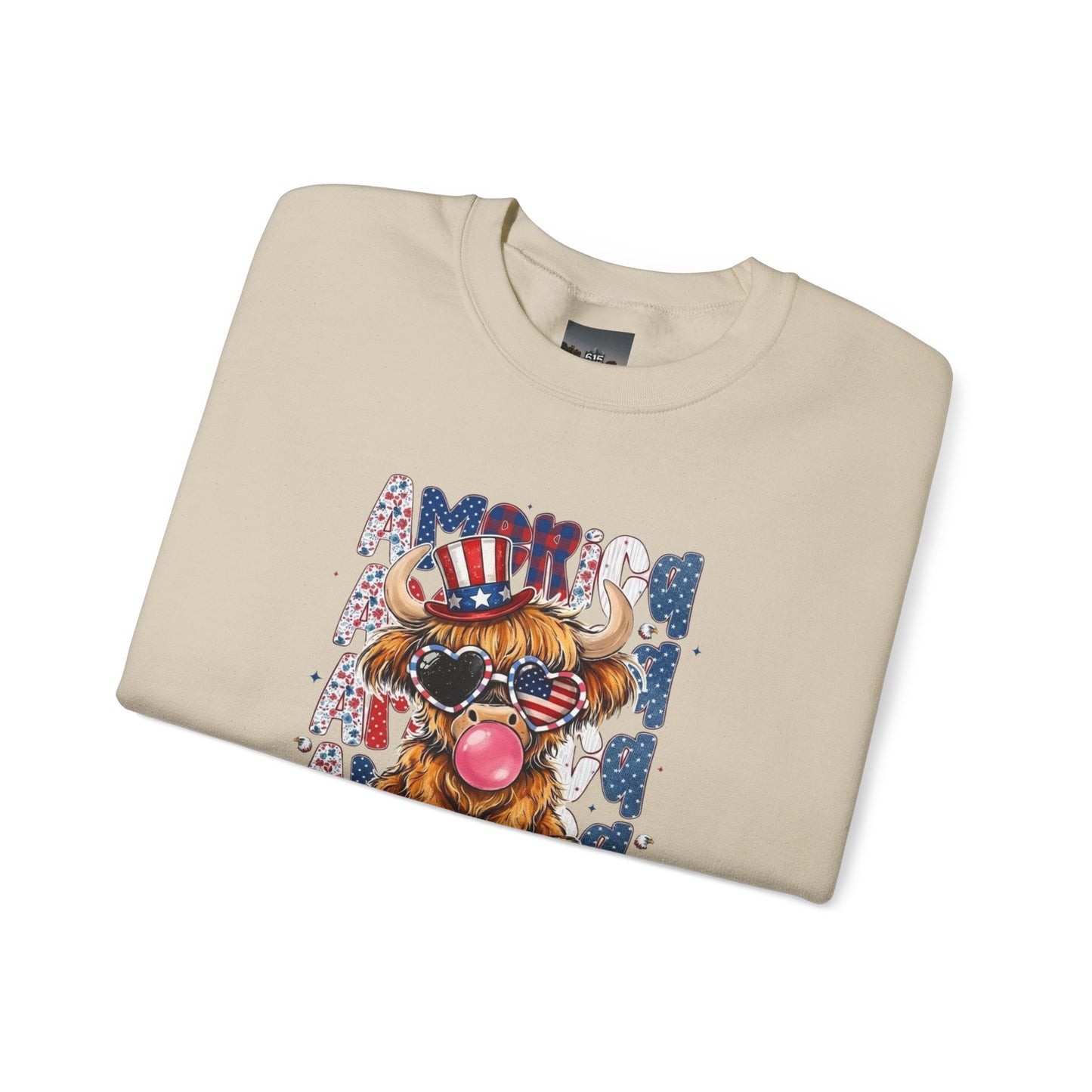 #250 American Flag Bubblegum Patriotic Highland Cow Sweatshirt
