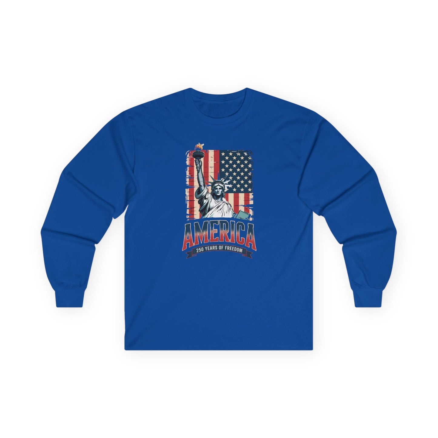 #250 Statue of Liberty American Flag 'America' Patriotic Independence Day Long Sleeve Tee
