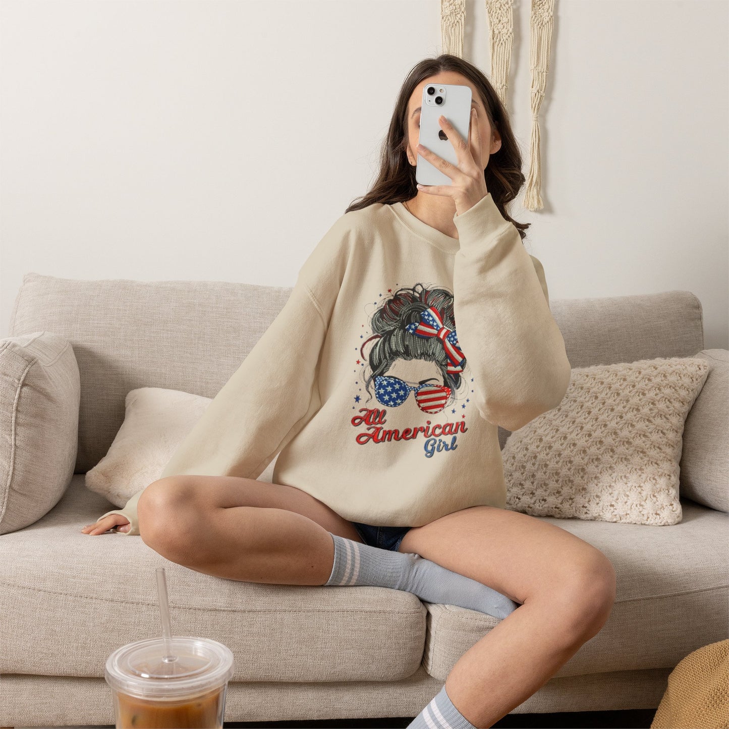 #250 "All American Girl" Patriotic Messy Bun Sweatshirt